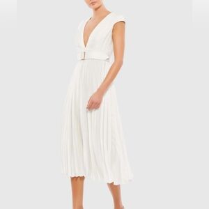 White Pleated Cap Sleeve Belted A Line Dress